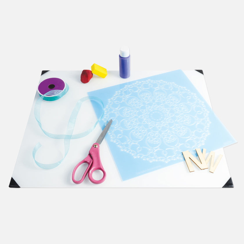 Craft Surface using the 16" x 20" New Wave POSH Tempered Glass White Artist Paint Palette with custom corner guards