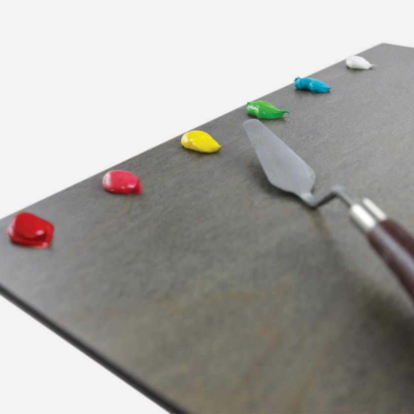New Wave handcrafted POSH Wood neutral grey stained table top artist paint palette angle with palette knife