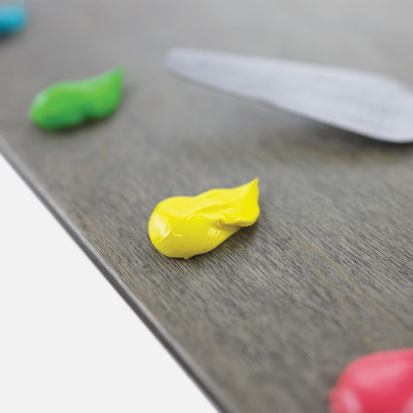 New Wave handcrafted POSH Wood neutral grey stained table top artist paint palette close up oil paint