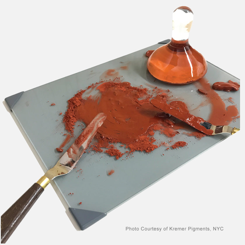 Mulling surface on the 9"x12" New Wave POSH Tempered Glass Neutral Grey Artist Paint Palette with custom corner guards 