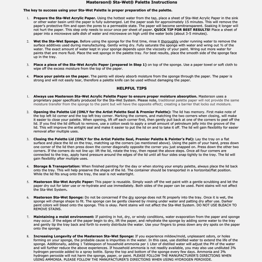 Masterson Sta-Wet Palette Instructions