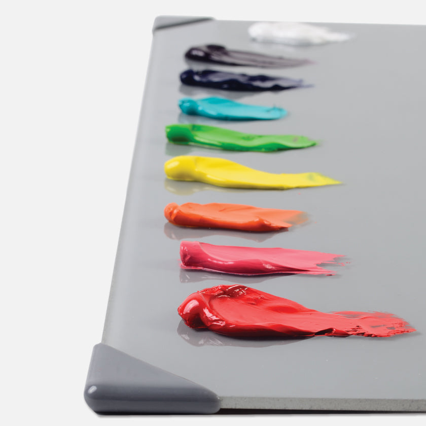 New Wave POSH Tempered Glass Neutral Grey Artist Paint Palette with custom corner guards and wet oil paint