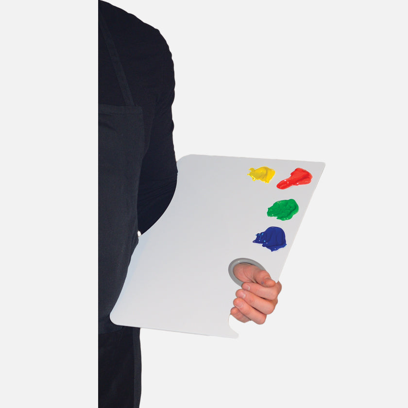 New Wave Easy Lift ergonmic hand held peelable artist paint palette with thumb gasket being held